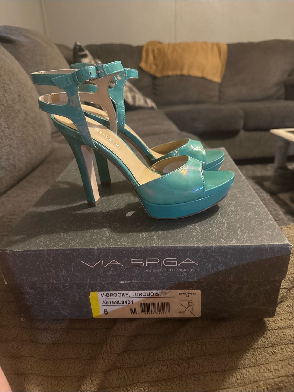 Via Spiga Turquoise Patent Platform Stiletto Sandals